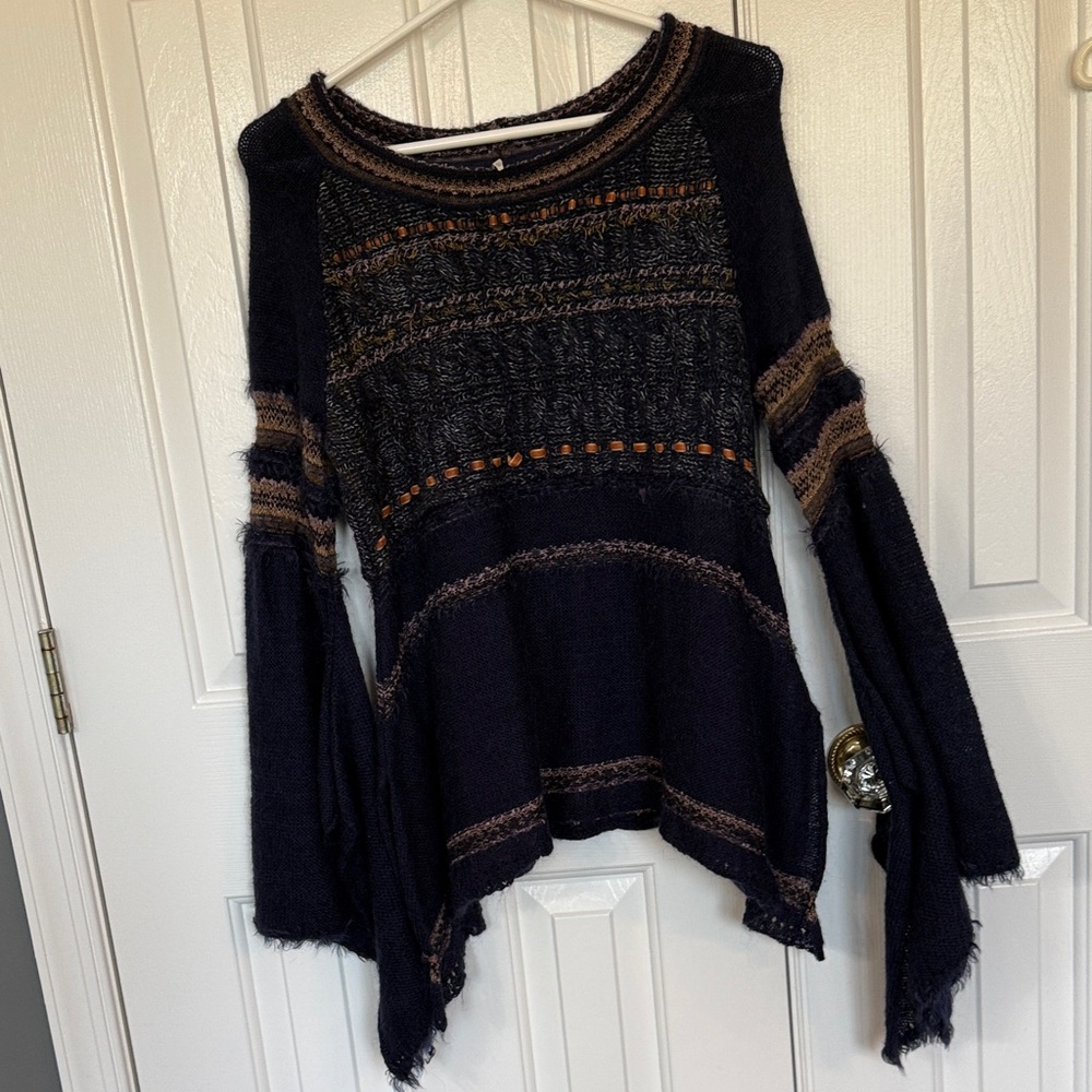 Free People Navy and Orange Knit Sweater